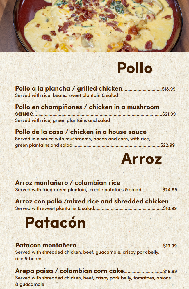 Menú de almuerzos con platos típicos colombianos, incluyendo arroz, proteína, ensalada y guarniciones variadas.