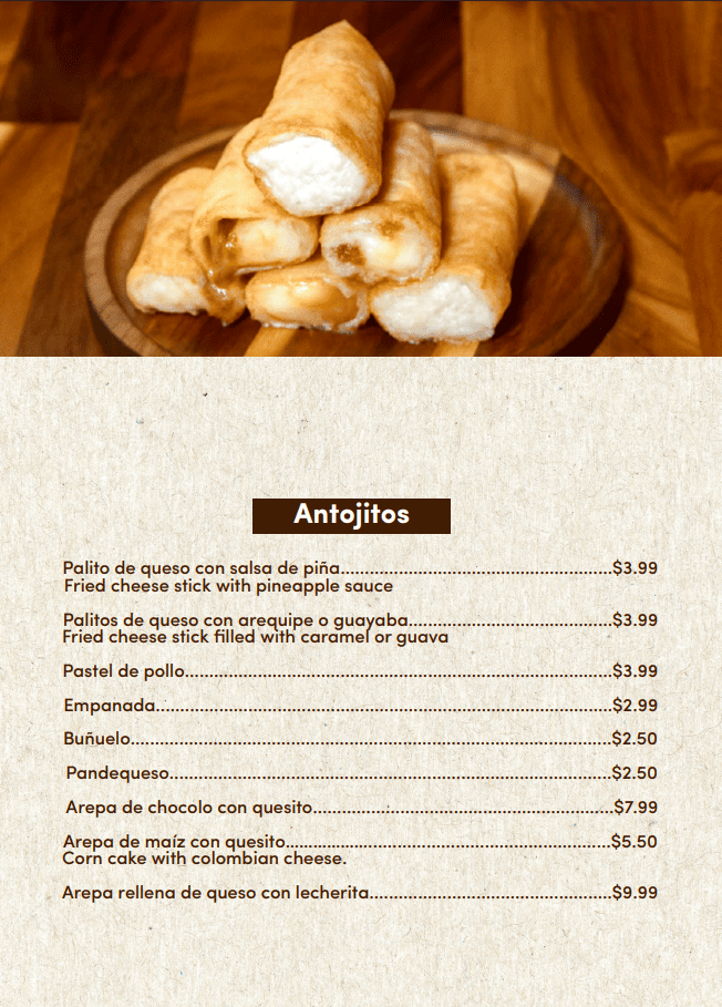 Menú de antojitos con una selección de bocados tradicionales y snacks apetitosos servidos con salsas y guarniciones.