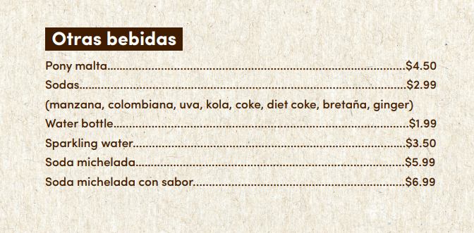 Menú de bebidas frías y calientes con refrescos, jugos y opciones de café y té presentadas de forma apetecible.